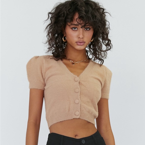 Princess Polly Peach Fuzzy Short Sleeve Sweater Top w/ Buttons - Picture 1 of 6